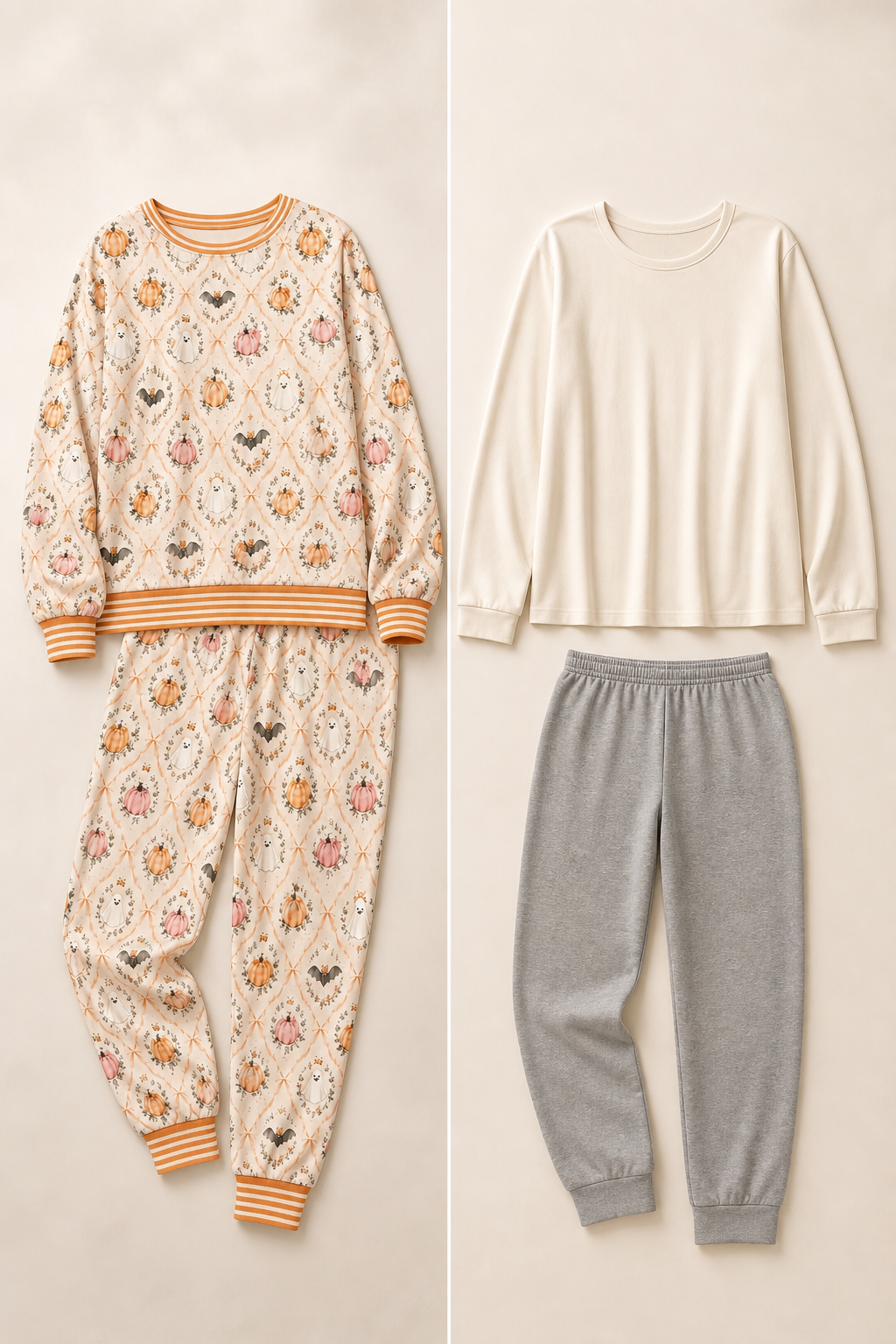Visual contrast between the coordinated Orange pumpkin ghost pajama set and unrelated separate sleepwear pieces