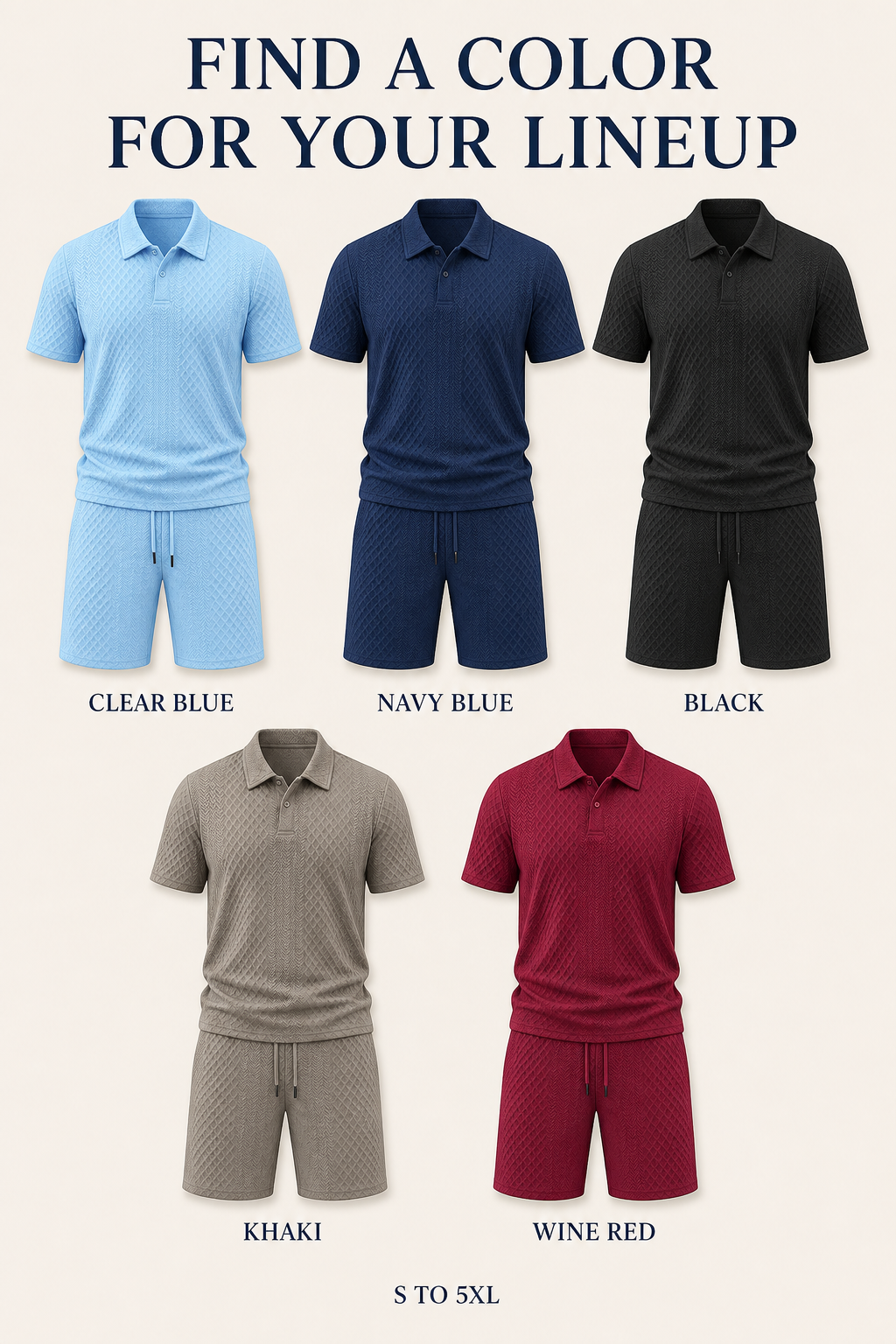 Clear Blue, Navy Blue, Black, Khaki, and Wine Red textured polo and shorts set colors