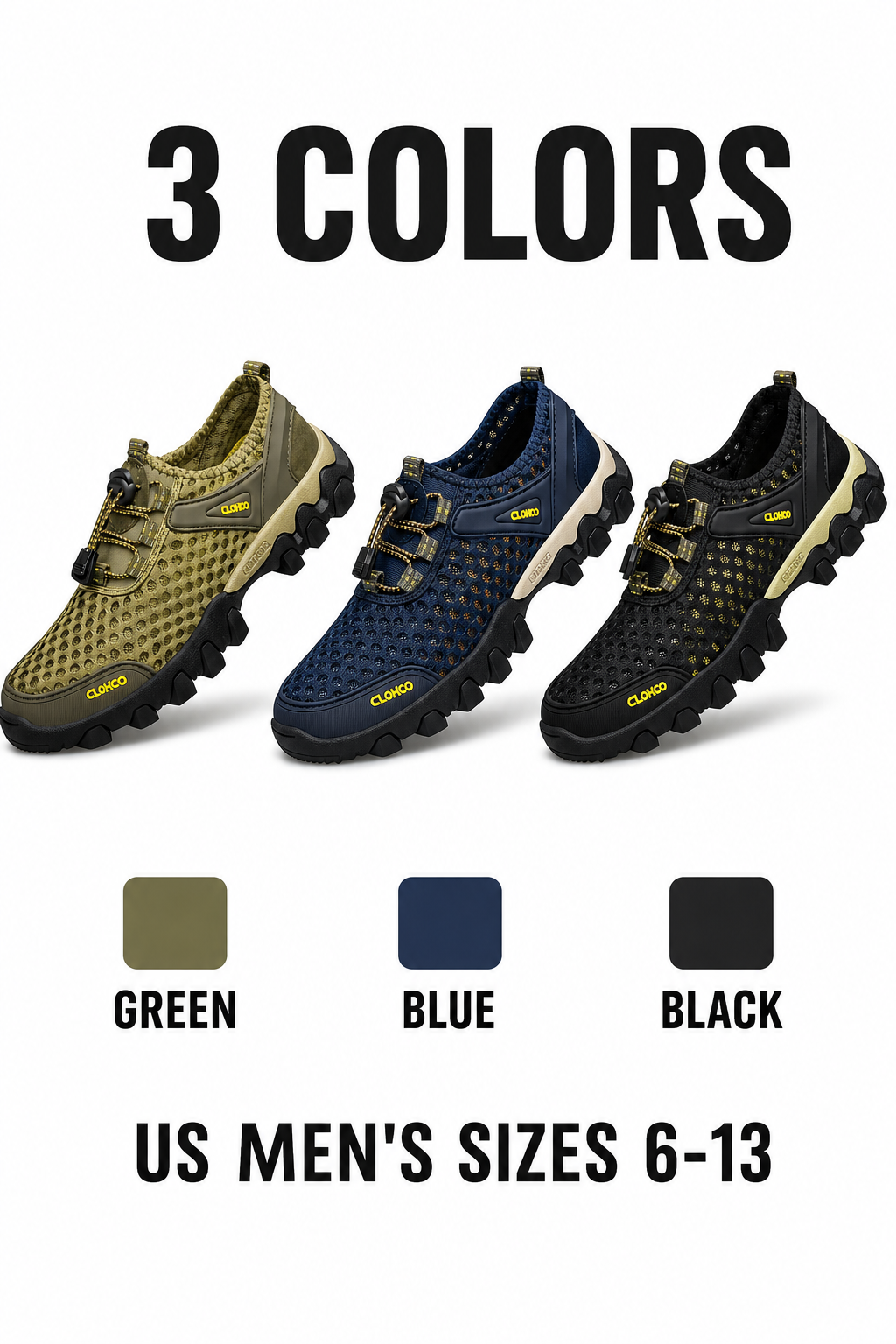 Three colorways of the mesh sandals: Green, Blue, Black, with US sizes 6-13
