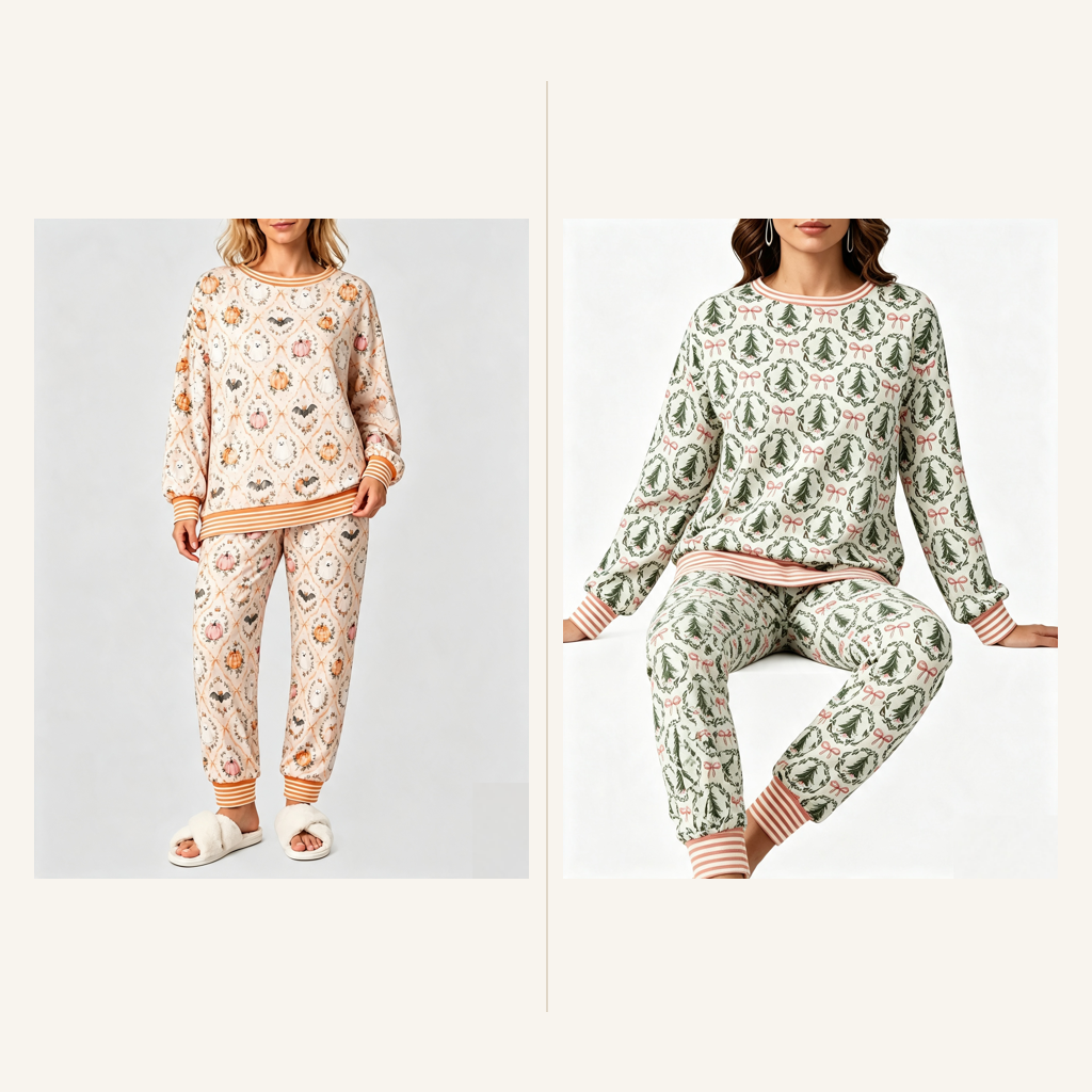 Actual Orange and Green colorways of the pumpkin ghost print pajama set