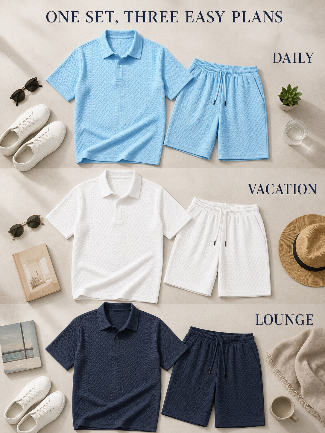 Daily, vacation, and lounge styling ideas for the textured polo and shorts set