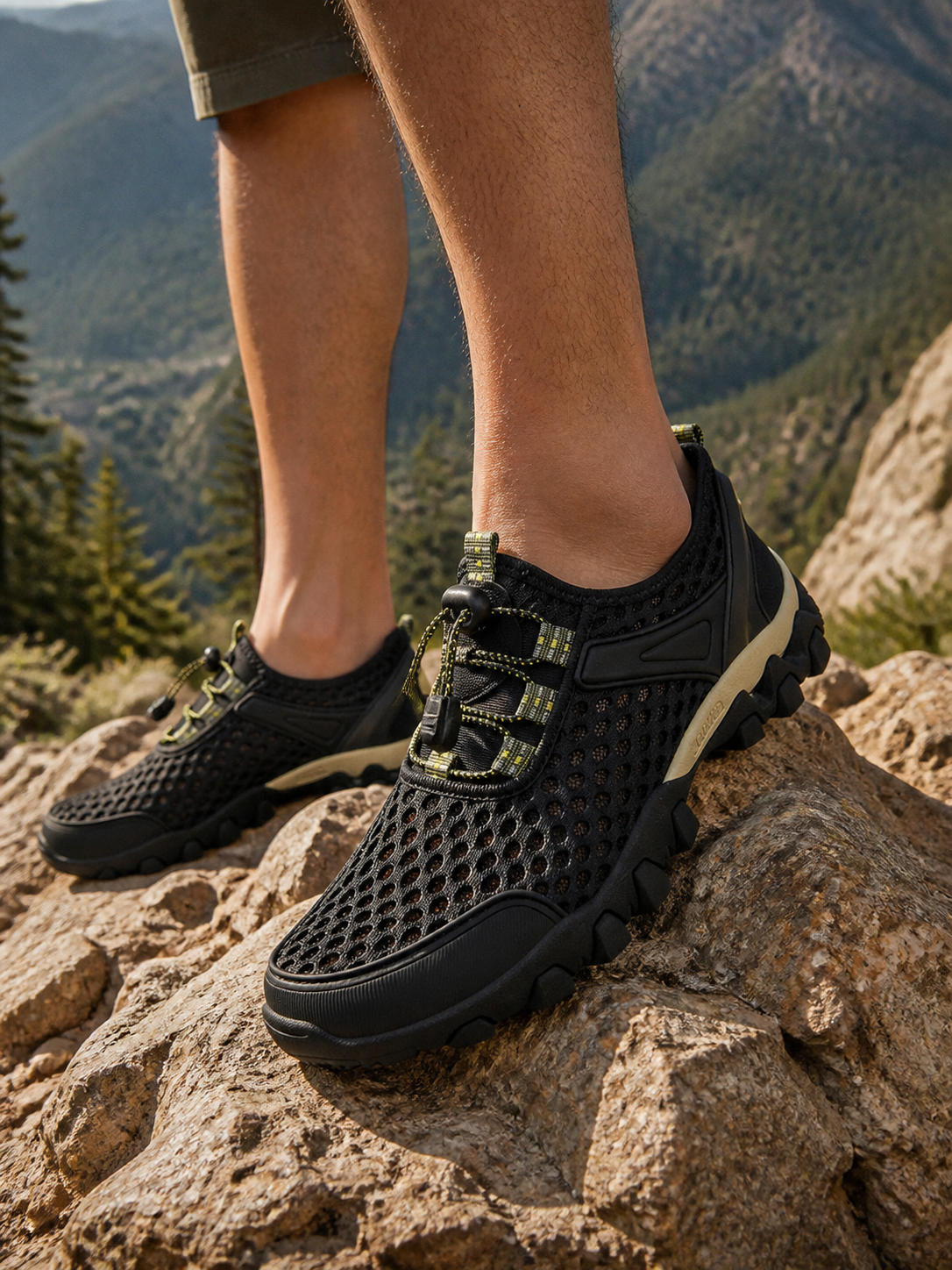 Mesh sandals worn on a rocky mountain trail in natural light