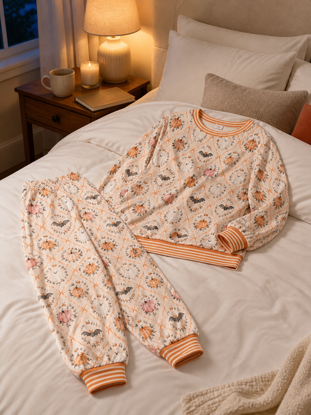 Orange pumpkin ghost print pajama set arranged on a warm bedroom bed for an at-home evening