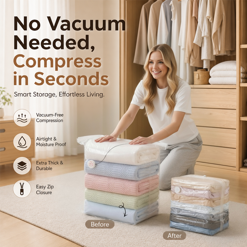 🥳2026 HOT SALE🥳💞50K+ SOLD! No‑Pump Vacuum Storage Bags – Press & seal, no pump needed. Saves 80% space, keeps clothes dry & dust‑free. Perfect for bulky bedding & off‑season gear. 🛏️🗄️