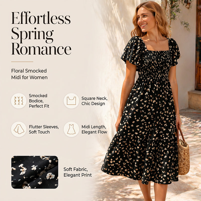 ✨Square Neck Floral Midi Dress – Smocked Bodice, Flowy Tiered Skirt, Romantic 🌸