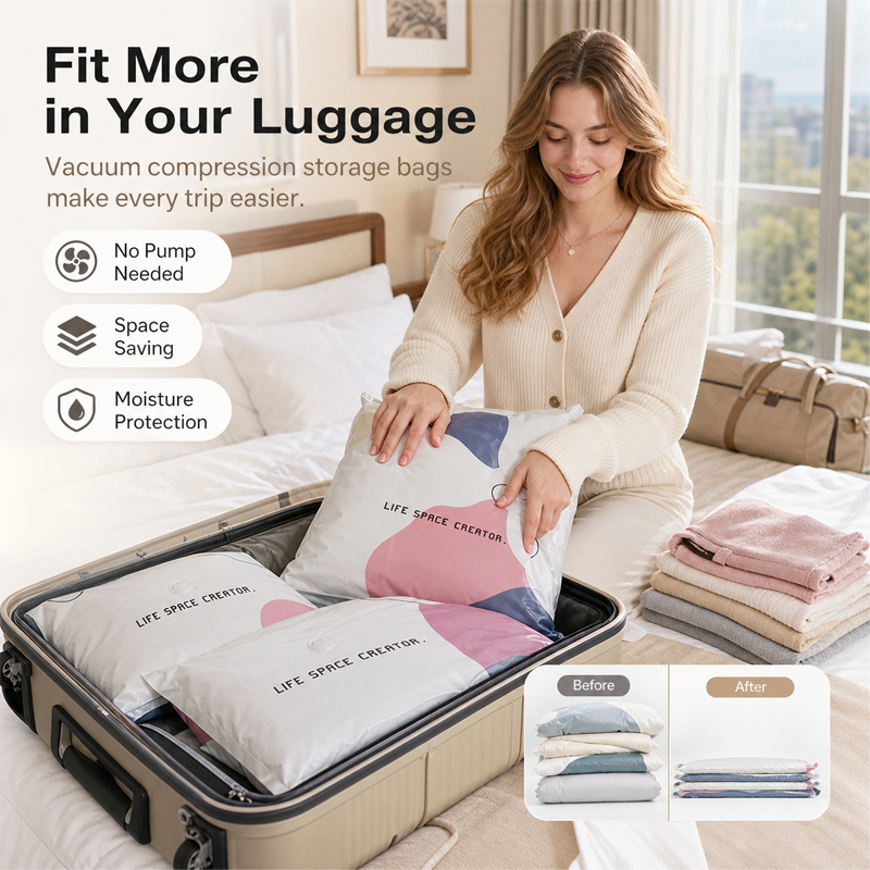 🥳2026 HOT SALE🥳💞50K+ SOLD! No‑Pump Vacuum Storage Bags – Press & seal, no pump needed. Saves 80% space, keeps clothes dry & dust‑free. Perfect for bulky bedding & off‑season gear. 🛏️🗄️