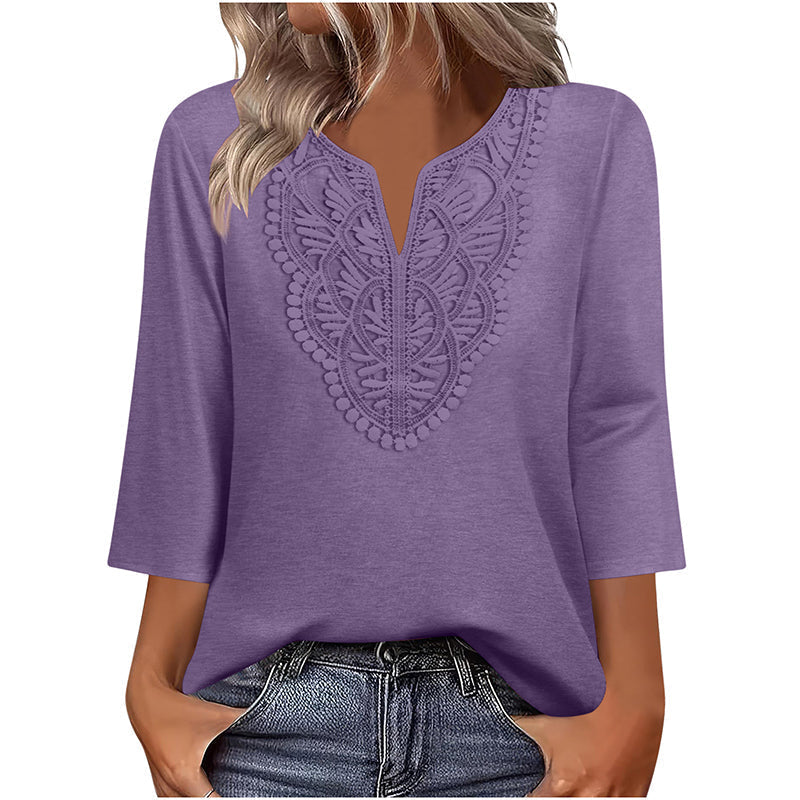 ☀️👚[70% OFF TODAY] Women's Lace-Trim V-Neck Blouse – Breathable & Flattering Drape Top 🌿