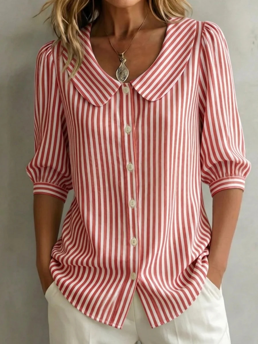 New Arrivals🔥 Women's Retro Peter Pan Collar Striped Cotton Linen Shirt