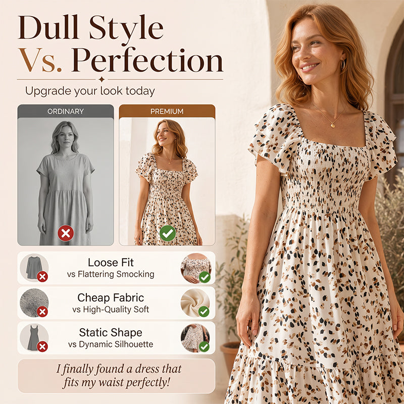 ✨Square Neck Floral Midi Dress – Smocked Bodice, Flowy Tiered Skirt, Romantic 🌸