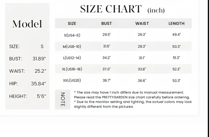 Original dress size chart