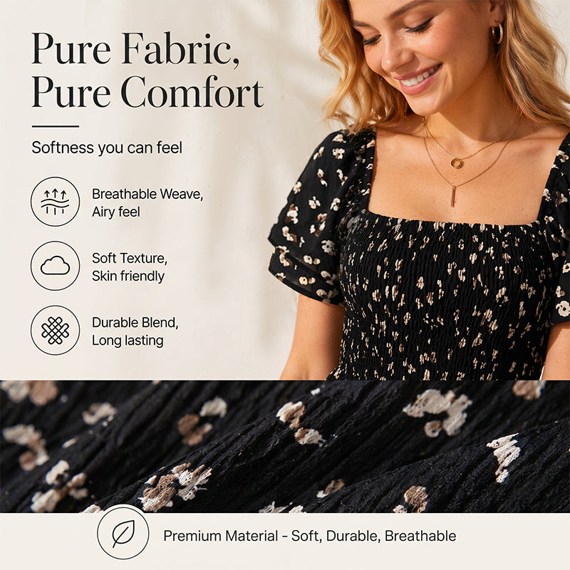 ✨Square Neck Floral Midi Dress – Smocked Bodice, Flowy Tiered Skirt, Romantic 🌸