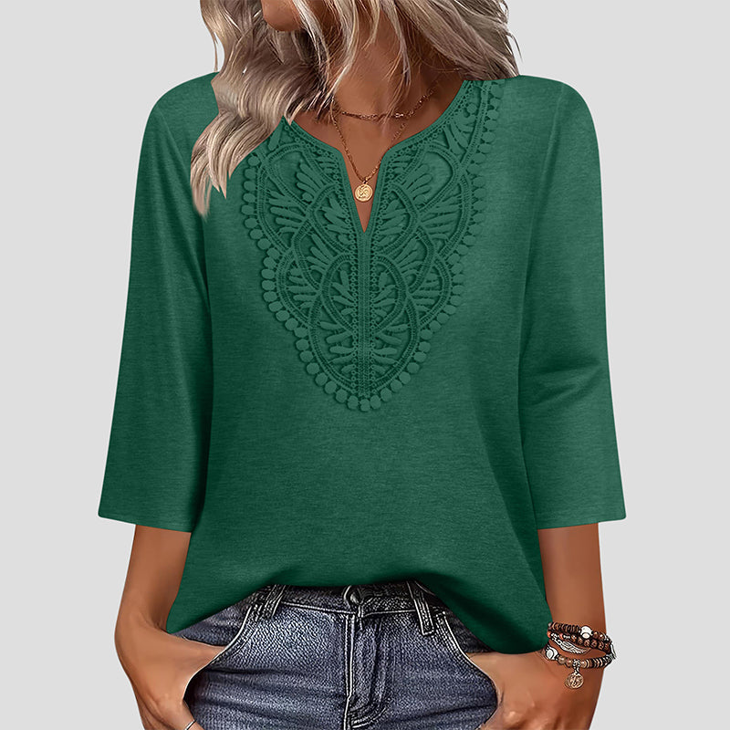 ☀️👚[70% OFF TODAY] Women's Lace-Trim V-Neck Blouse – Breathable & Flattering Drape Top 🌿
