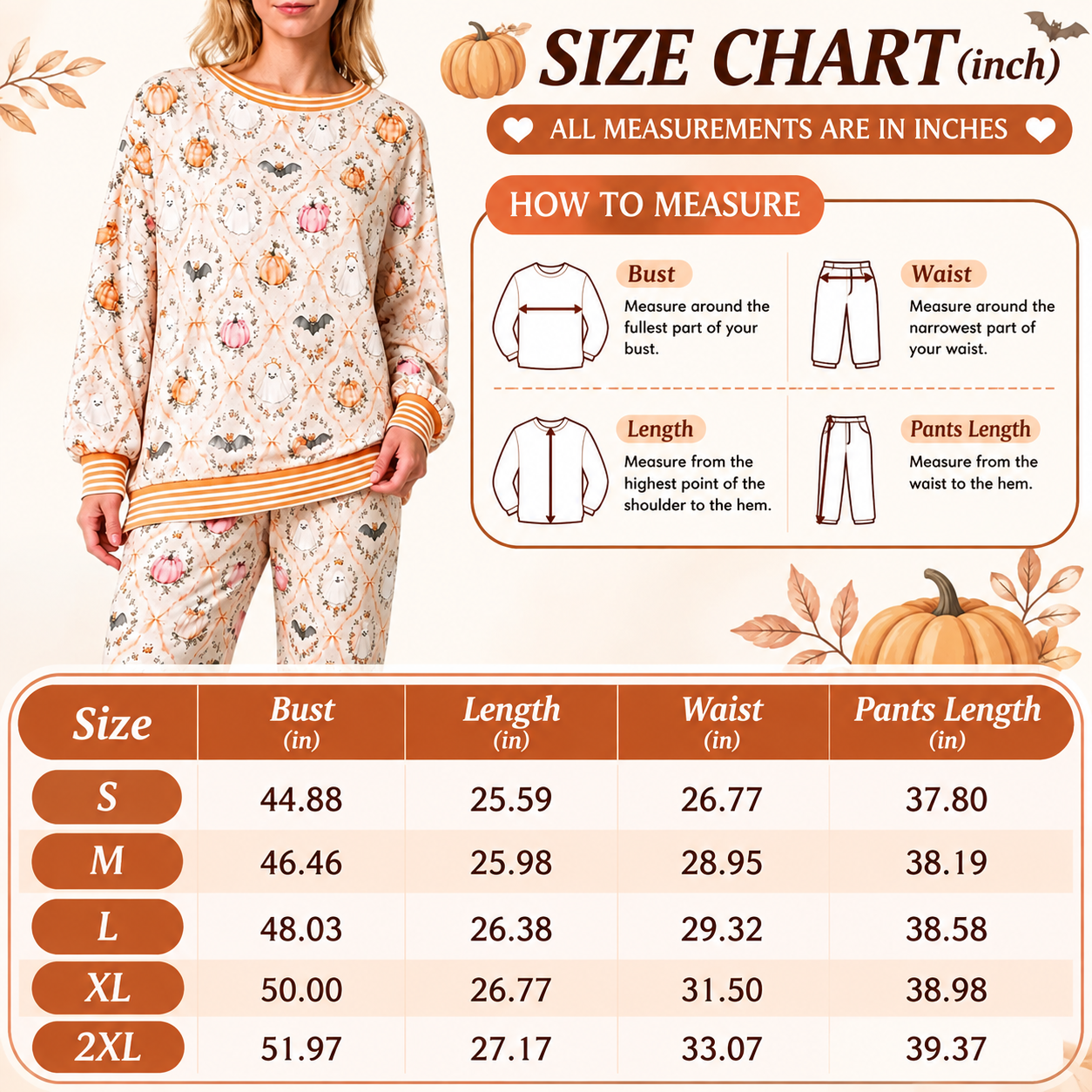 Pajama set size chart in inches for sizes S through 2XL
