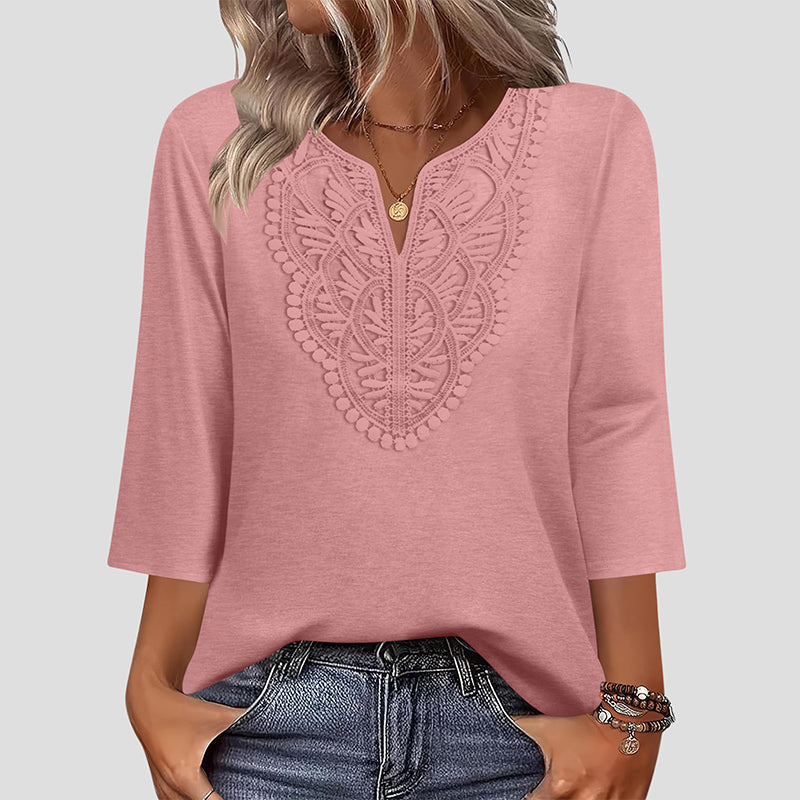 ☀️👚[70% OFF TODAY] Women's Lace-Trim V-Neck Blouse – Breathable & Flattering Drape Top 🌿