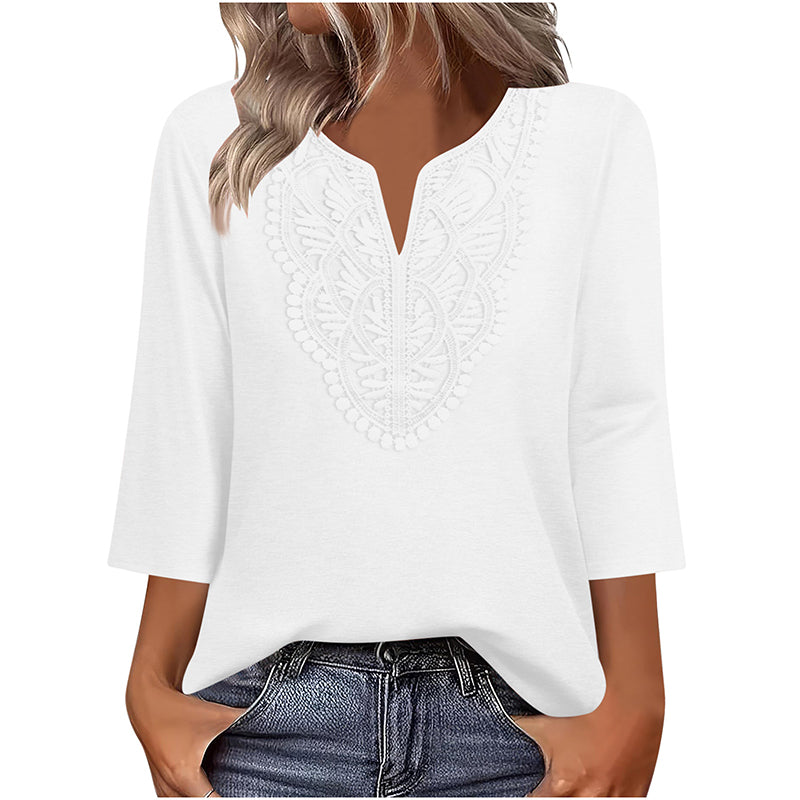 ☀️👚[70% OFF TODAY] Women's Lace-Trim V-Neck Blouse – Breathable & Flattering Drape Top 🌿