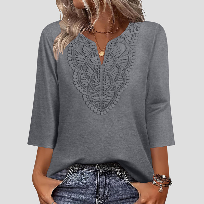 ☀️👚[70% OFF TODAY] Women's Lace-Trim V-Neck Blouse – Breathable & Flattering Drape Top 🌿
