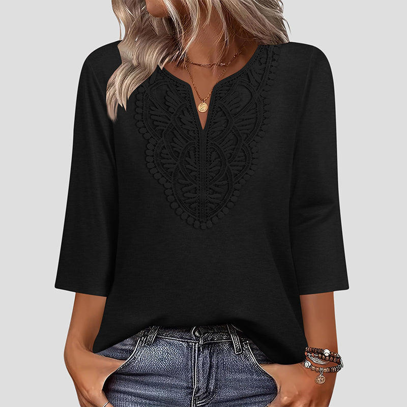 ☀️👚[70% OFF TODAY] Women's Lace-Trim V-Neck Blouse – Breathable & Flattering Drape Top 🌿