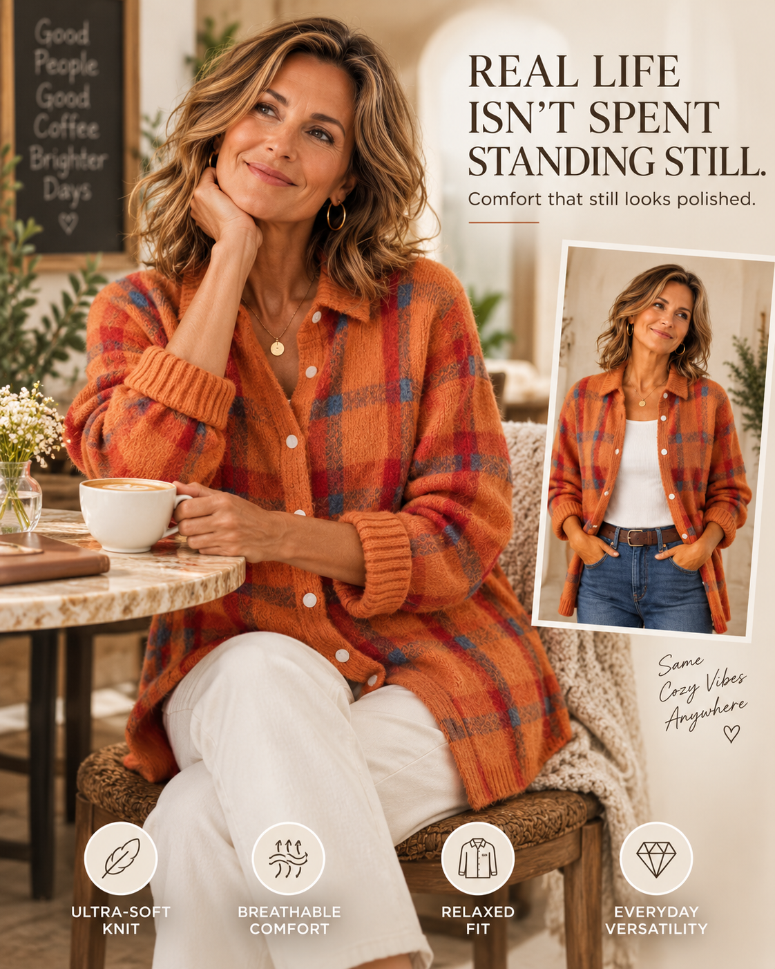 Vienna cardigan worn comfortably while seated