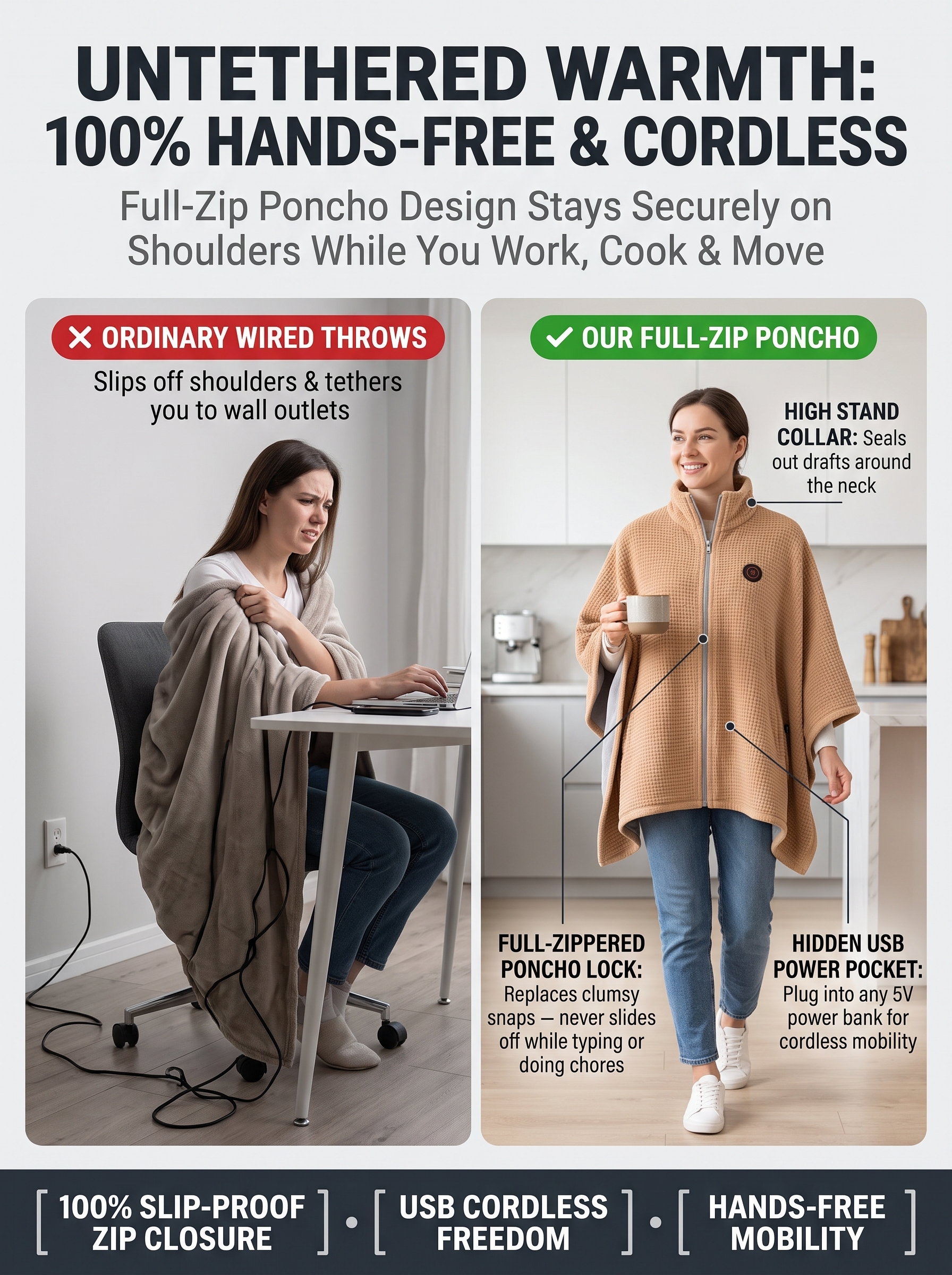 Untethered Cordless Warmth and Full-Zip Poncho Design