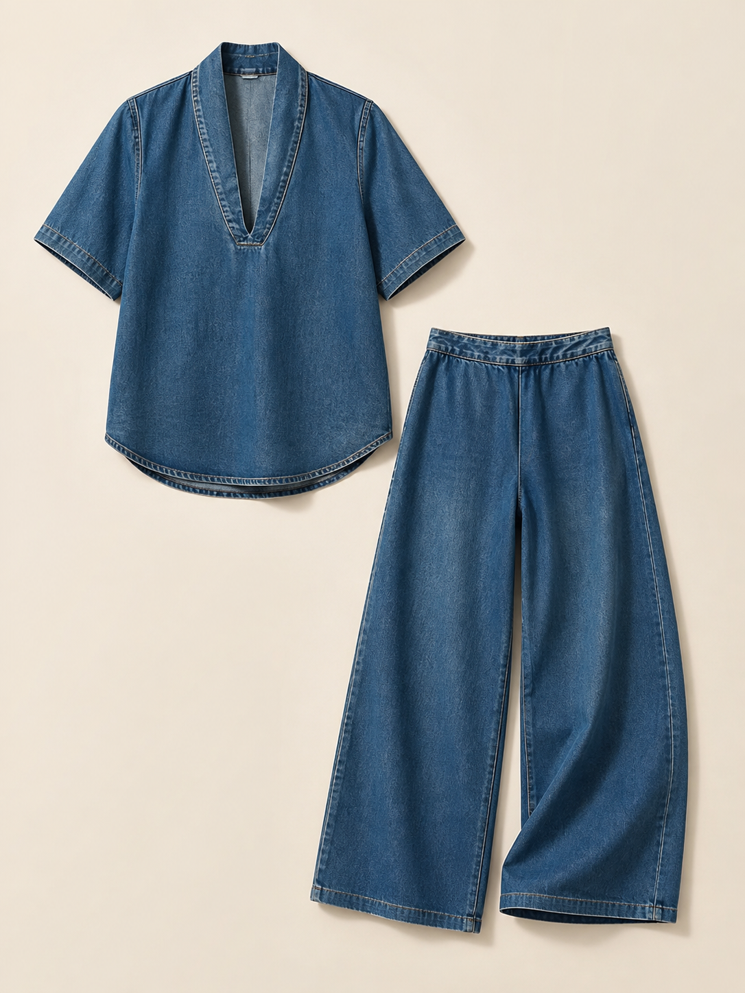 The matching V-neck top and wide-leg pants shown as two coordinated pieces