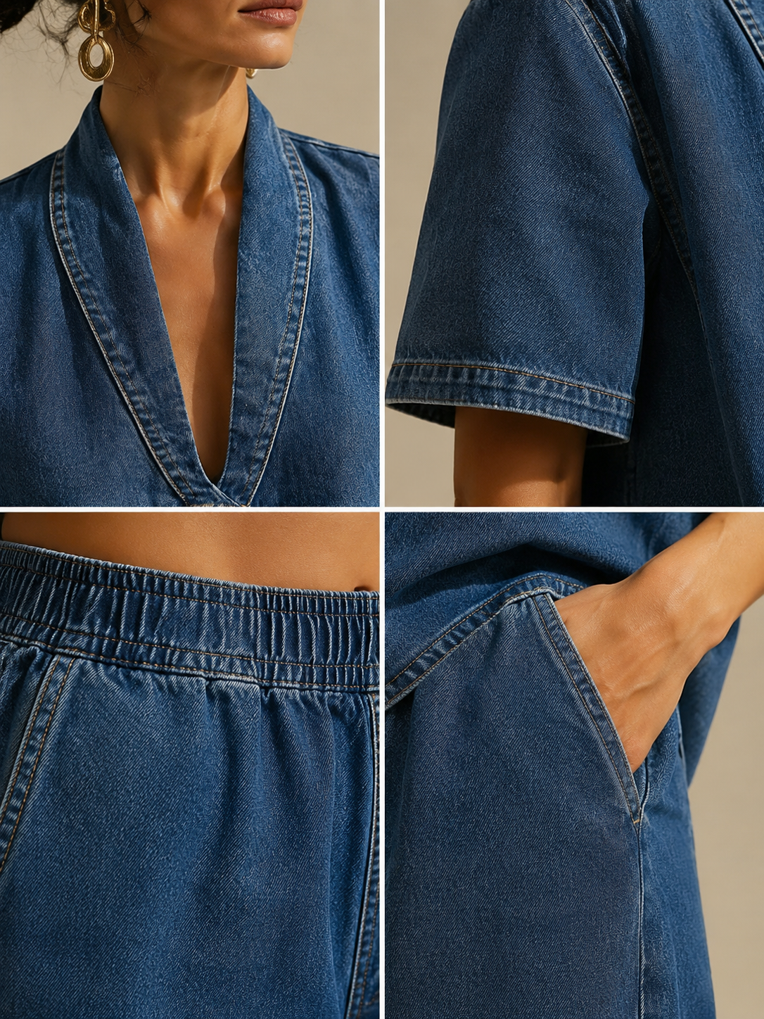 Close-up details of the V-neck, short sleeve edge, elastic waistband and side pocket
