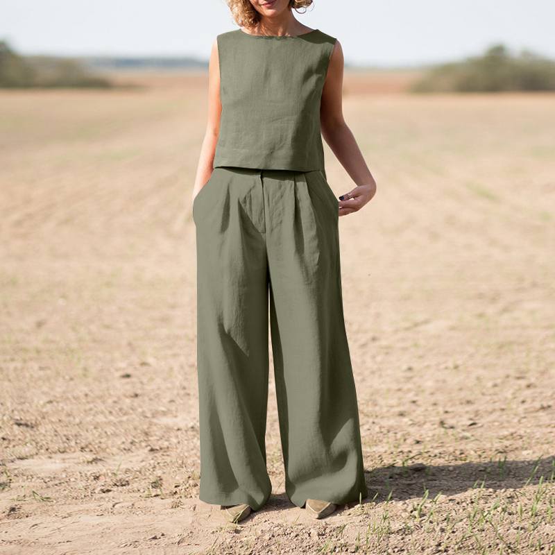 Solid color ethnic style retro trousers cotton linen casual long-sleeved loose cotton suit
