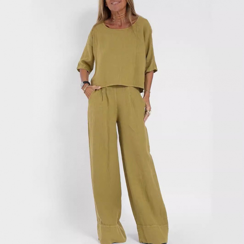 Cross-Border Amazon Aliexpress European And American Summer New Women'S Casual Loose Solid Color Short-Sleeved Cotton And Linen Pants Suit