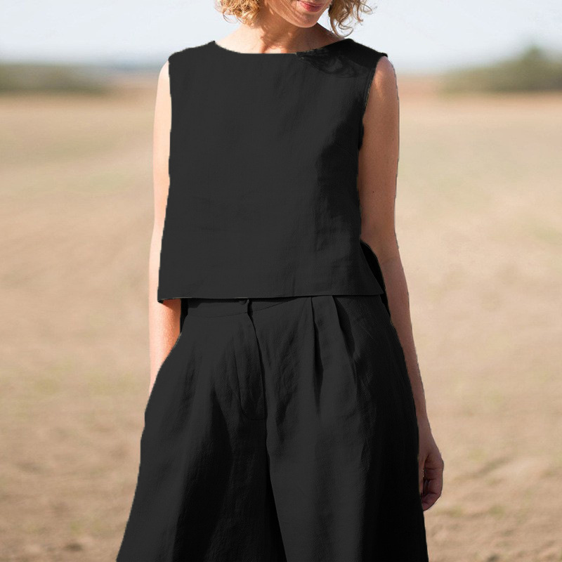 Solid color ethnic style retro trousers cotton linen casual long-sleeved loose cotton suit