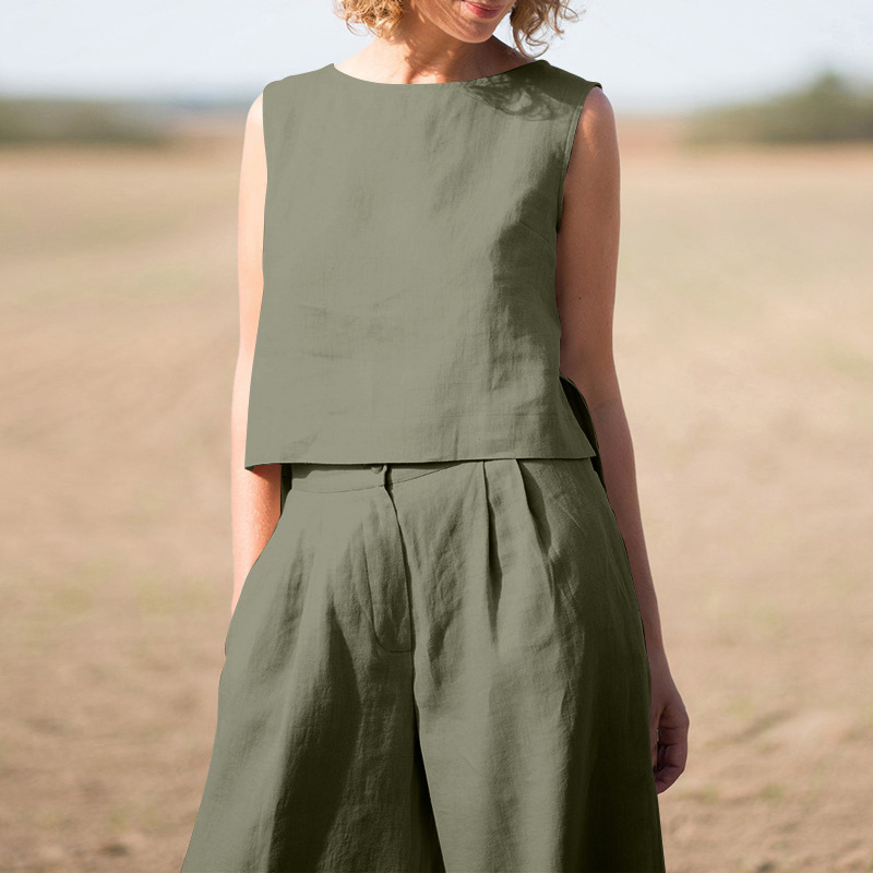 Solid color ethnic style retro trousers cotton linen casual long-sleeved loose cotton suit
