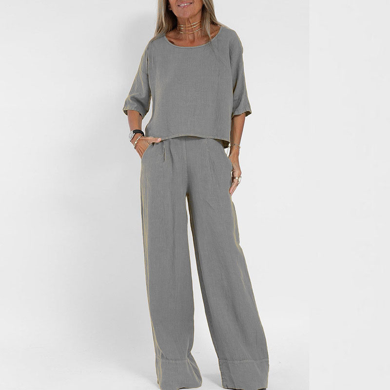 Cross-Border Amazon Aliexpress European And American Summer New Women'S Casual Loose Solid Color Short-Sleeved Cotton And Linen Pants Suit