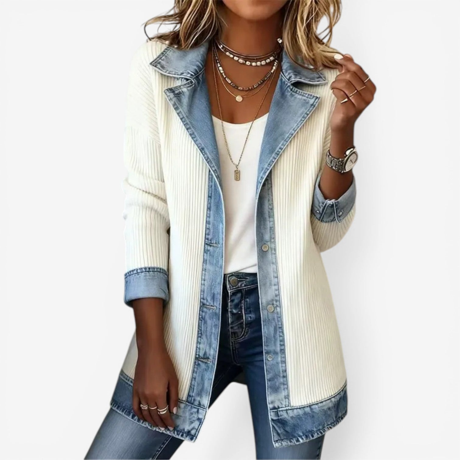 Soretta Textured Open-Front Denim Accent Jacket