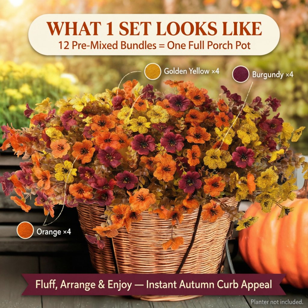 🍂 Instant Autumn Curb Appeal: 12pcs Artificial Fall Flowers | Pre-Mixed Harvest Bouquet for Porch Pots & Window Boxes | UV-Resistant, Fade-Proof Halloween Decor 