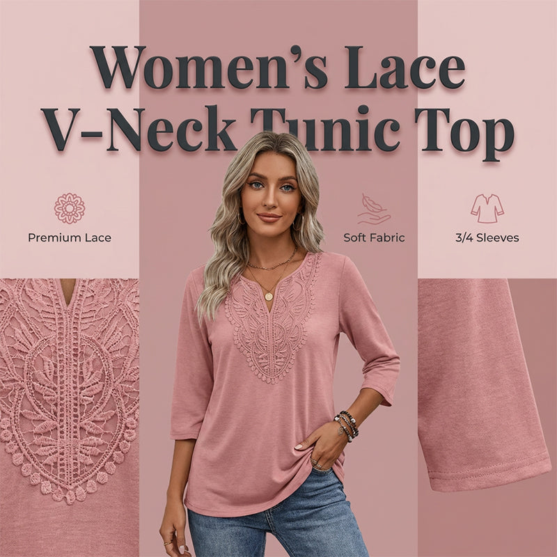 ☀️👚[70% OFF TODAY] Women's Lace-Trim V-Neck Blouse – Breathable & Flattering Drape Top 🌿