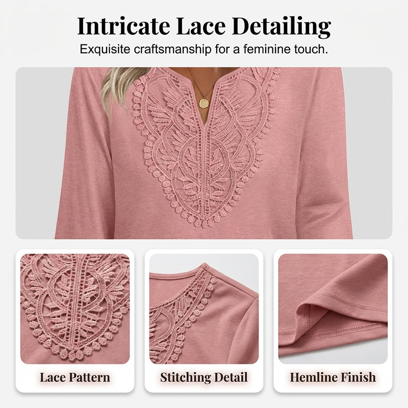 ☀️👚[70% OFF TODAY] Women's Lace-Trim V-Neck Blouse – Breathable & Flattering Drape Top 🌿