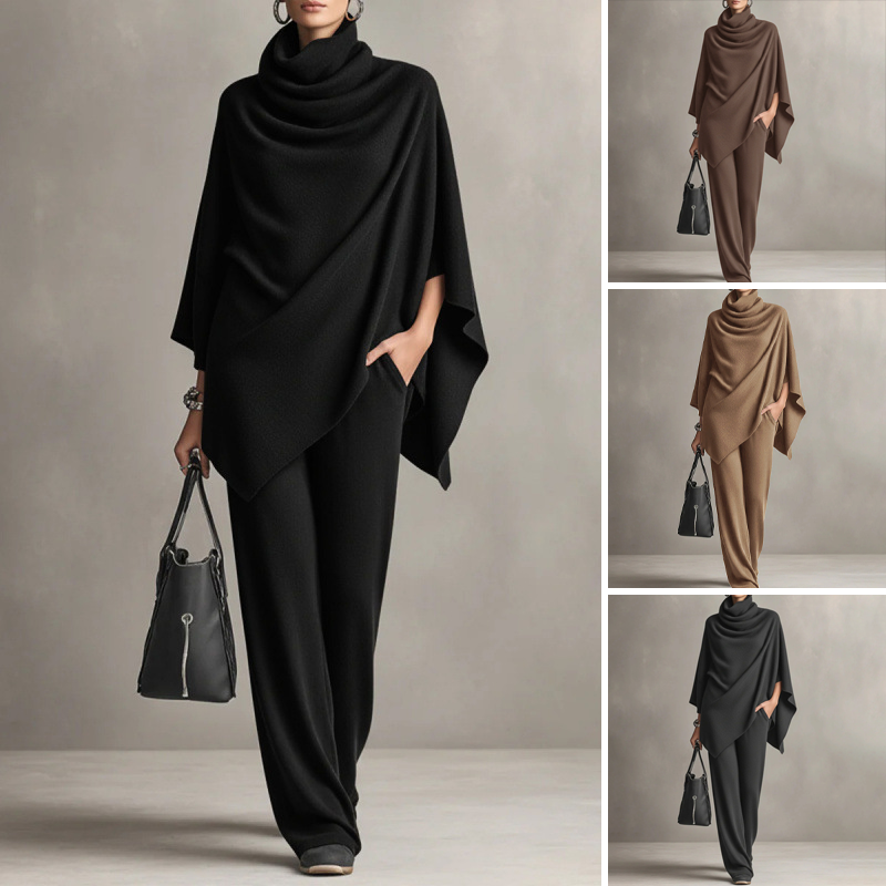 ✨ Elevated Comfort | Women's Cowl-Neck Cape & Wide-Leg Pants 2-Piece Set Free shipping