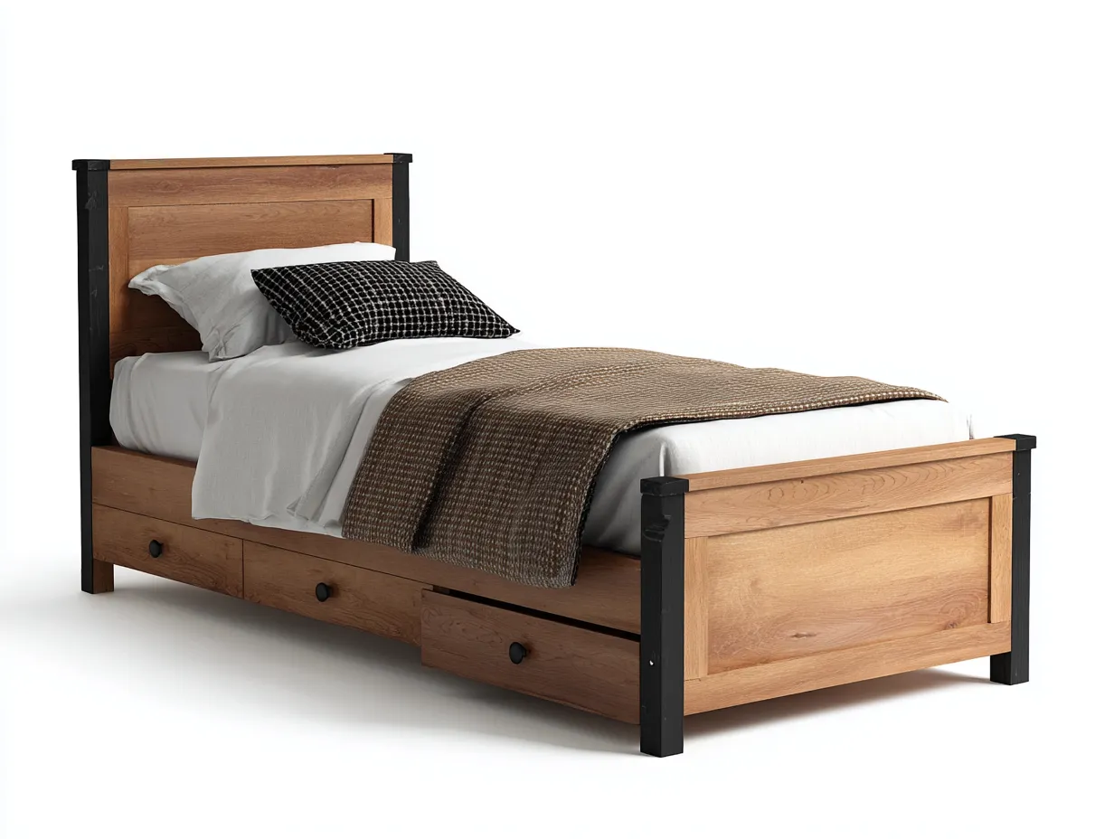 Lit simple en bois avec rangement 200x100x90 cm - bois naturel et noir - confort de chambre-Novayliving