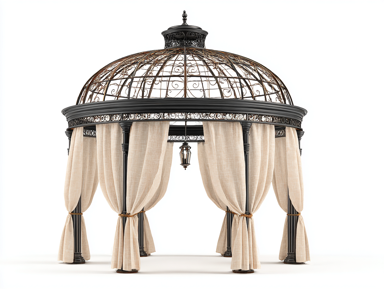 Pergola da giardino-metallo-poliestere-370x370x335 cm-nero-beige-stile classico con cupola decorativa per esterni-Roluxlyinterior