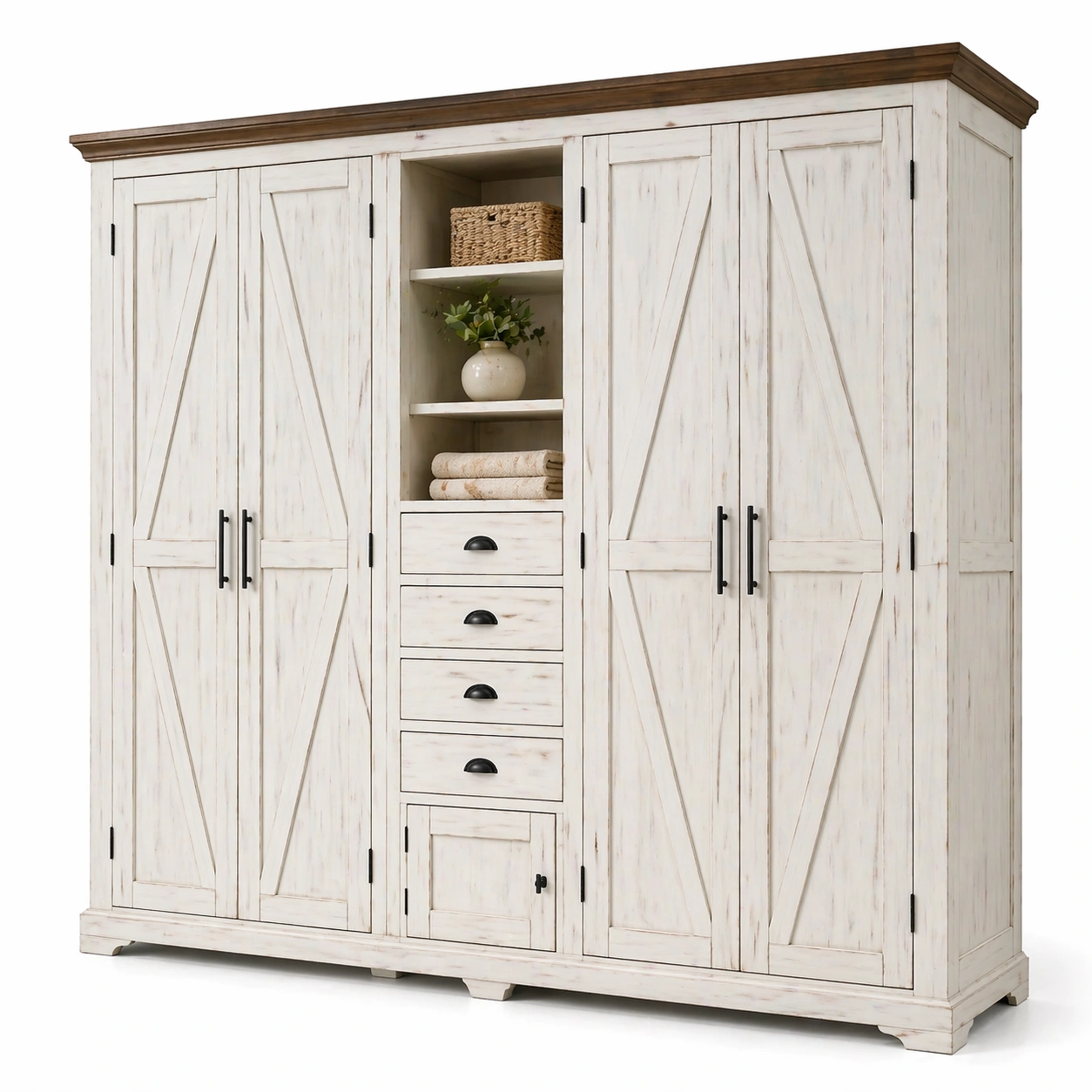 Armario grande rustico madera blanco envejecido con estantes y cajones