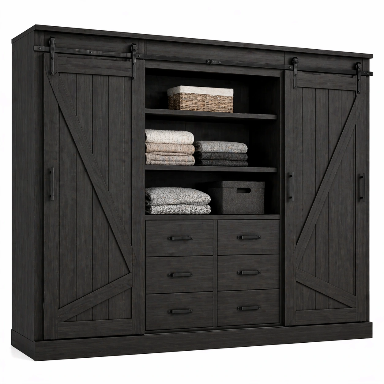 Armario rustico industrial madera oscura con puertas correderas y cajones