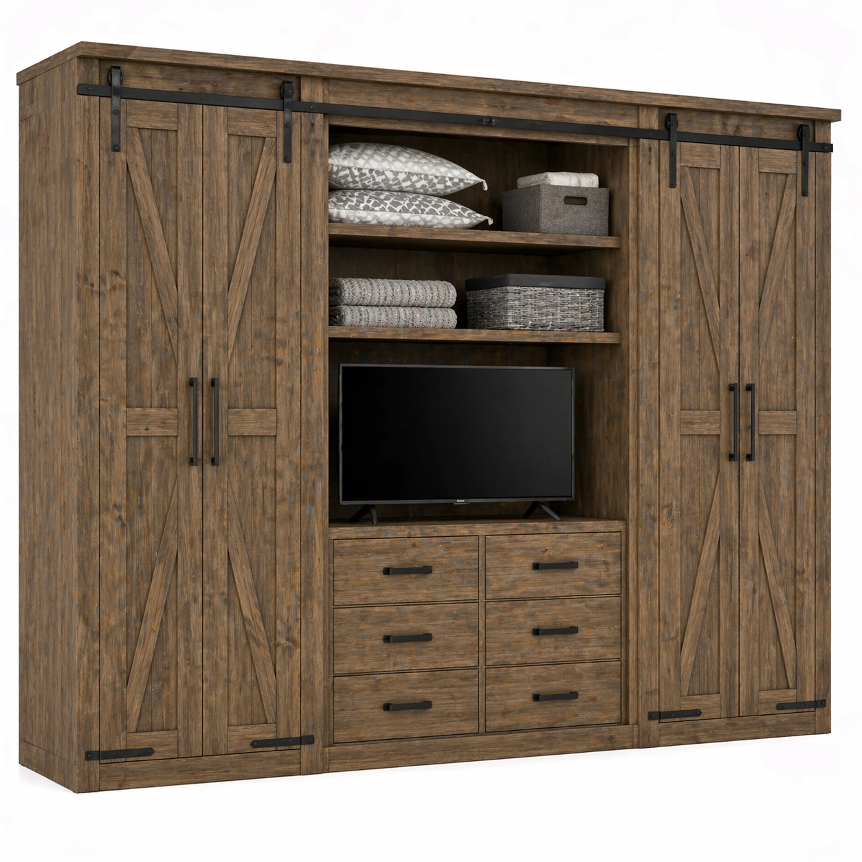 Armario rustico madera natural con puertas correderas y espacio para TV