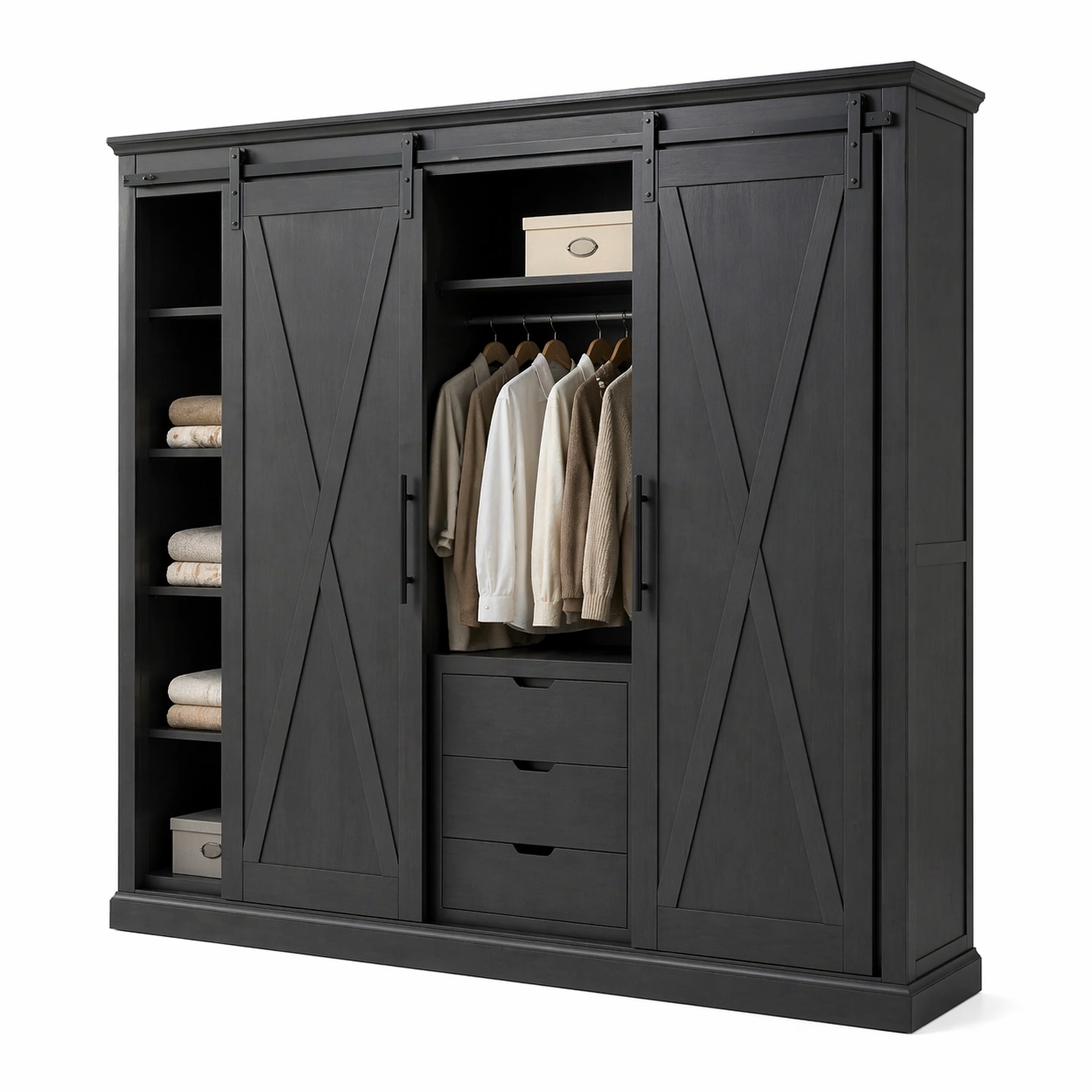 Armario industrial negro con puertas correderas espacio colgador y cajones