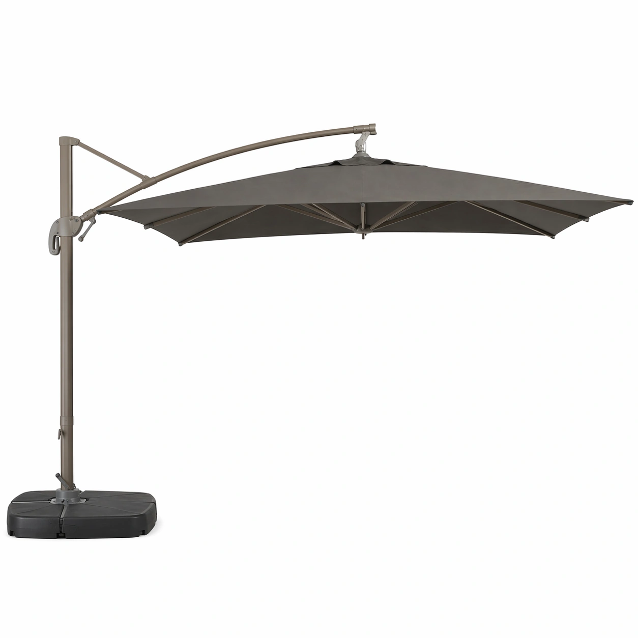 Parasol exterior con brazo lateral y estructura resistente
