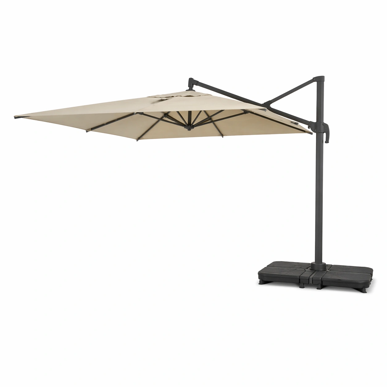 Parasol exterior con brazo lateral reforzado y base pesada