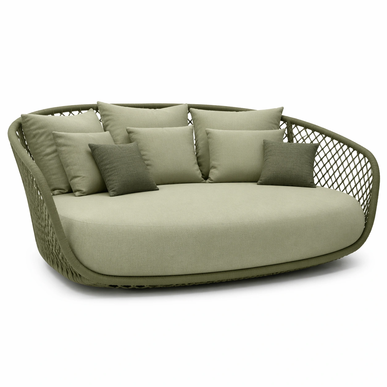 Sofa redondo exterior verde claro con cojines multiples