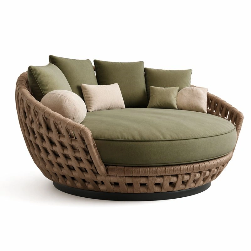 Sofa redondo exterior estilo natural verde oliva con base tejida