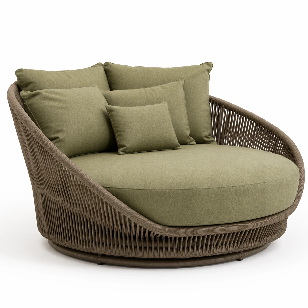 Sofa redondo moderno verde con estructura de cuerda