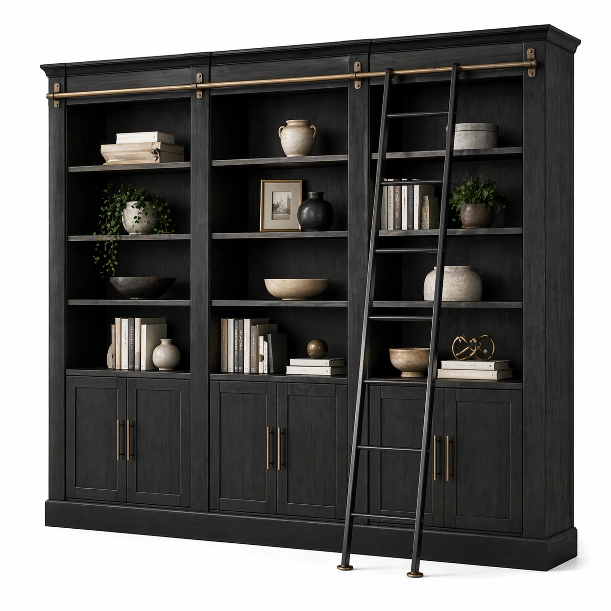 Estanteria alta negra con escalera y herrajes metalicos