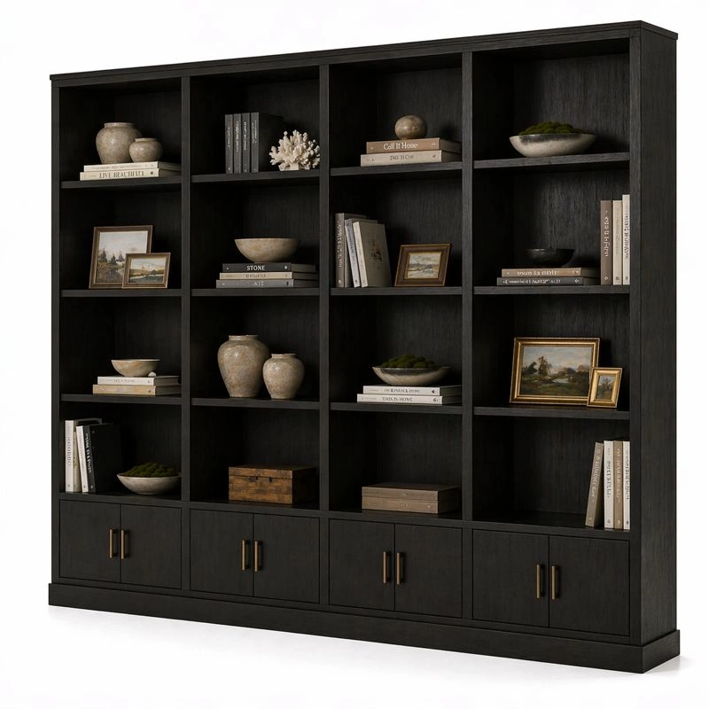 Estanteria grande negra con compartimentos abiertos y puertas