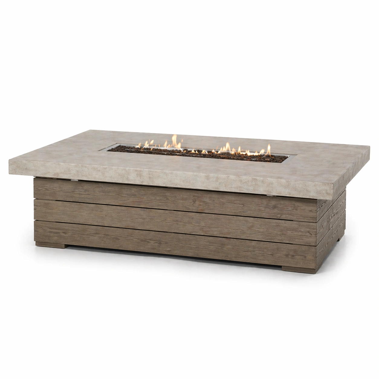 Mesa exterior con fuego integrado estilo moderno gris claro