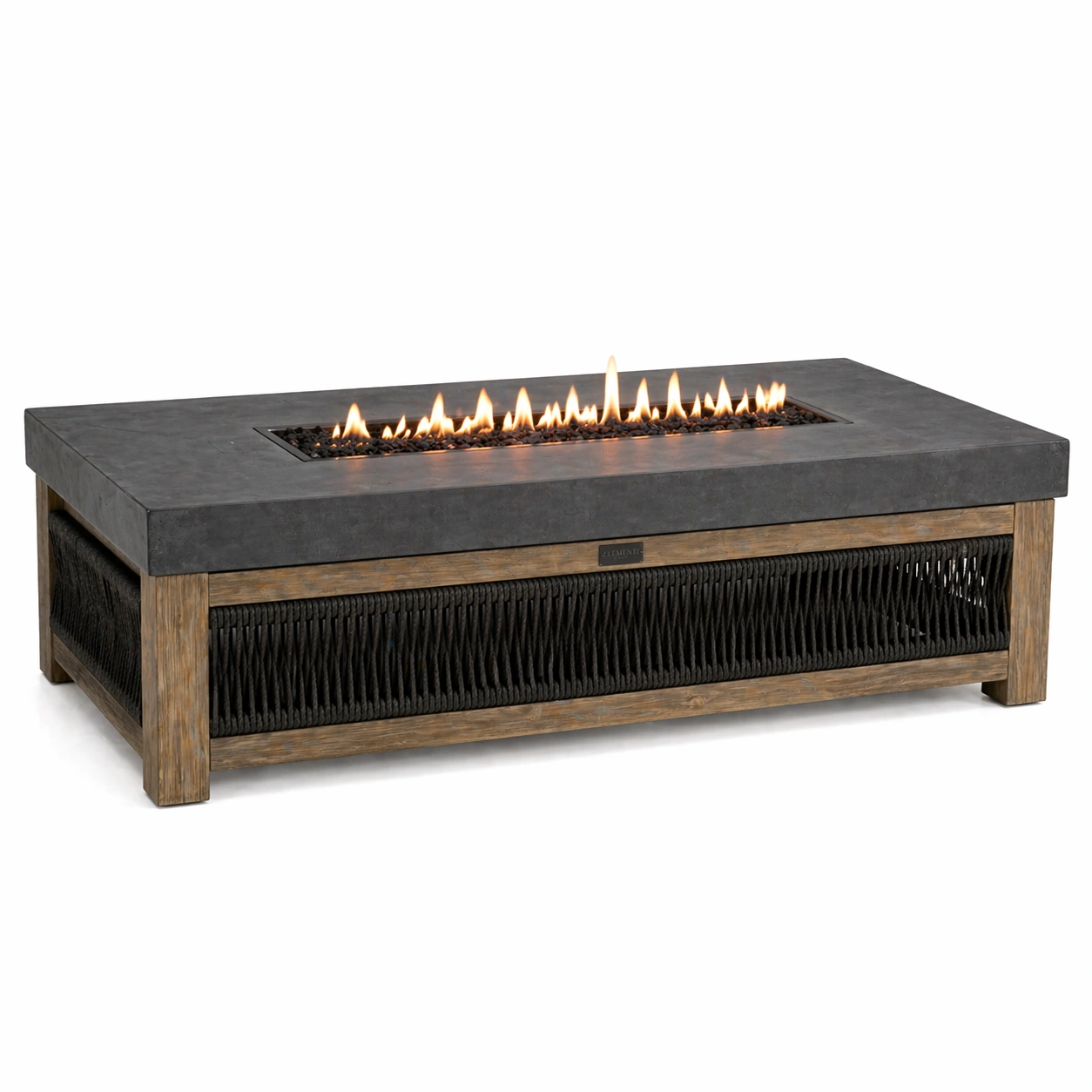 Mesa de fuego exterior con base madera y cuerda gris oscuro
